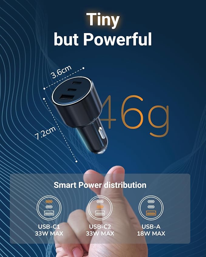 M.A.D Lab 84W Fast Car Charger USB C for Road Trips Family Travel, Smart Power Distribution & Overheat Protection, Dual 33W USB-C & 18W USB-A, Multi-Port for iPhone 16, iPad, Android, Galaxy and More