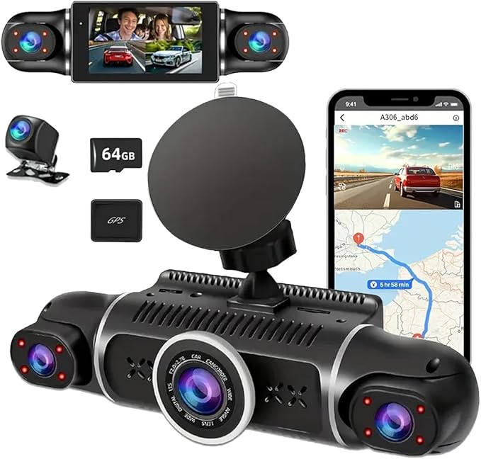 360° Dash Cam Front and Rear View 4 Channel Dash Cam FHD 1080Px4, Inside/Back 170°+2x150°+170° Wide Angle, Free 64GB Card, Built-in WiFi GPS, Night Vision,APP,G-Sensor with 24/7 Parking Mode