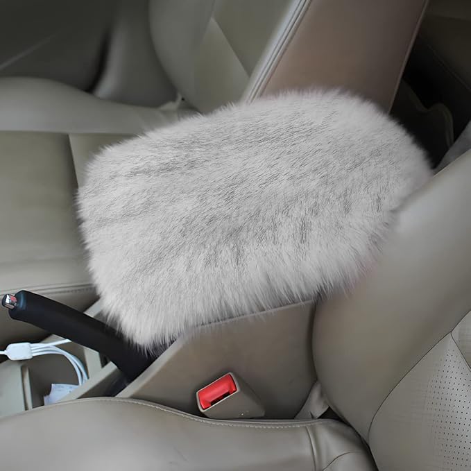 Furry Auto Center Console Cover Pad, 11.8"x7.8" Soft Sheepskin Wool Armrest Cushion, Fluffy Vehicle Armrest Seat Box Protector Warm in Winter, Car Interior Accessories for Women and Men (Gray)