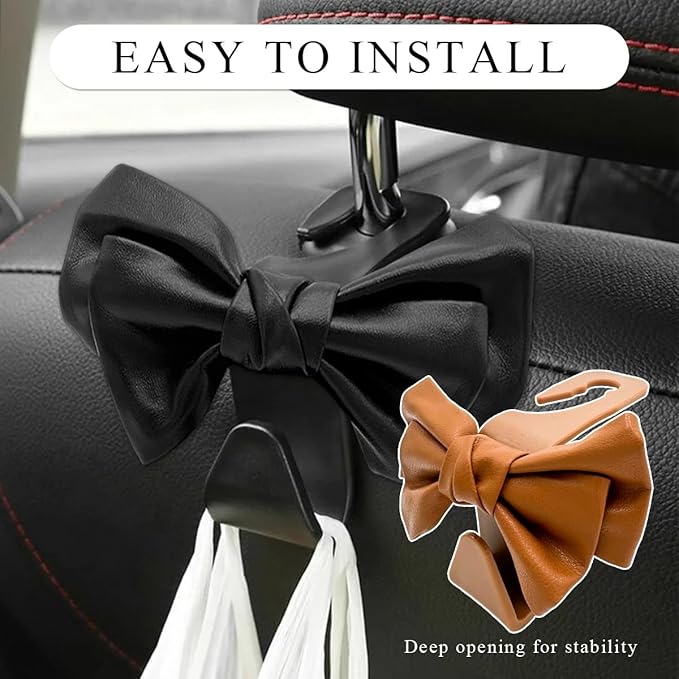 2PCS Purse Holder for Car Hooks, Cute Bow Car Seat Headrest Hooks Handbag Hanger, Bow Knot Auto Back Seat Organizer Storage Hook for Purse Bags Umbrellas, Car Accessories (Brown)