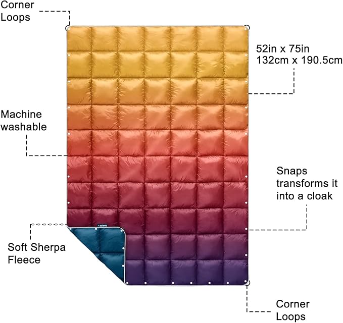 zzlamb Camping Blanket for Cold Weather,Outdoor Puffy Blanket Portable Down Alternative,Windproof Warm Cloak with Snaps,Cozy Quilt Backpacking Picnic RV Travel Plane Car Hammock Beach Climbing