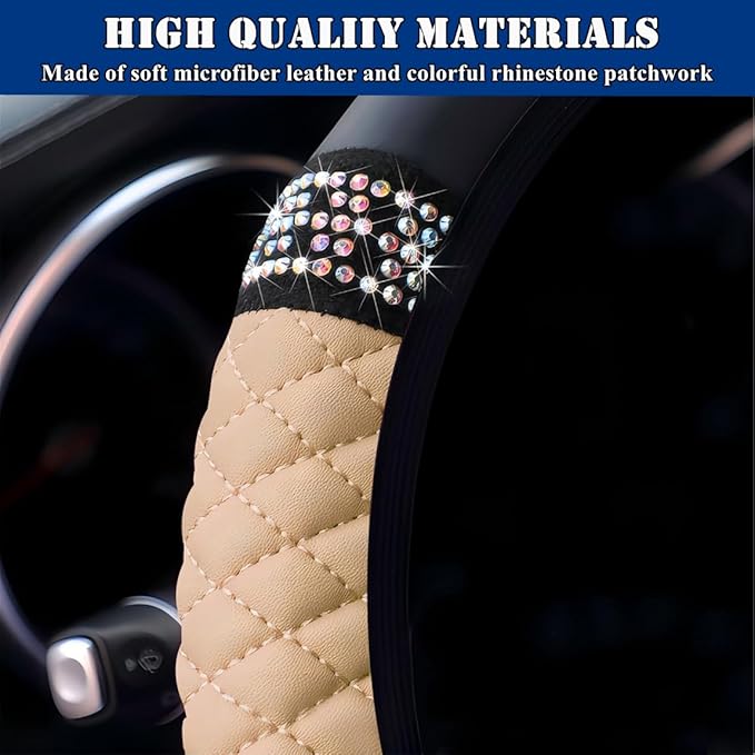 Soft Leather Car Steering Wheel Cover, Universal 15 Inch Colorful Rhinestones Anti-Slip Elastic Steering Wheel Covers for Most Cars, Sparkly Crystal Diamond for Women Girls (Beige)