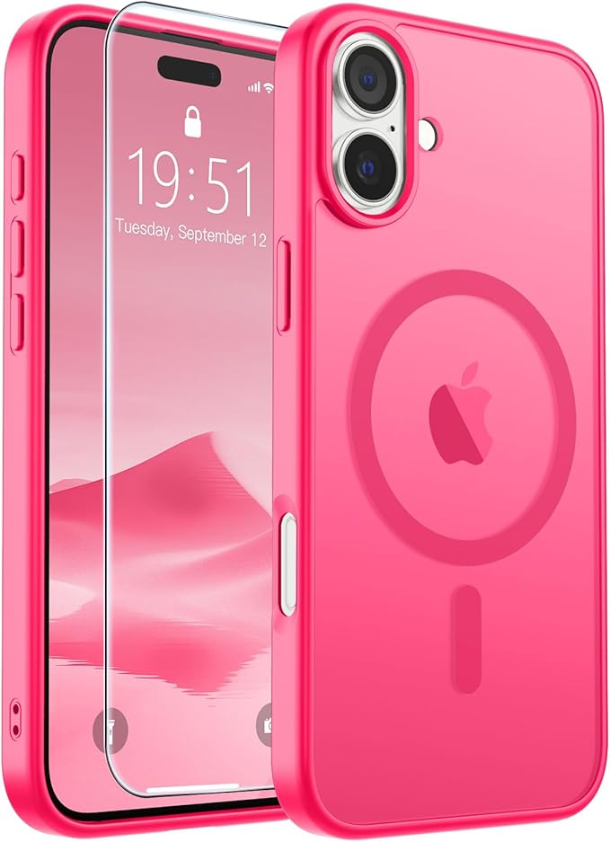 SUPFINE Magnetic for iPhone 16 Case (Compatible with MagSafe) (Military Grade Drop Protection) Slim Translucent Matte Shockproof with Anti-Fingerprint Phone Case,Hot Pink