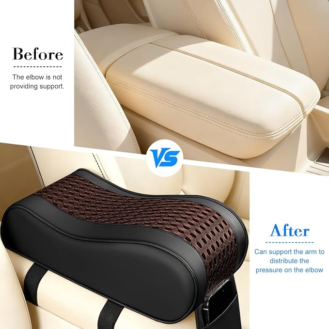 Car Armrest Cushion, Soft Memory Foam Leather Vehicle Armrest Pillow with Storage Bag, Multifunctional Automotive Interior Center Console Arm Rest Pad, Universal for Most Vehicles (Coffee)