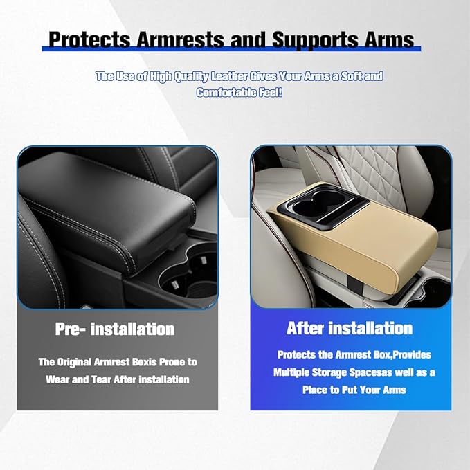 Car Center Console Armrest Pillow, Vehicle Armrest Seat Box Cushion Pad with Cup Holder & Phone Holder, Comfortable Auto Middle Console Cover, Universal for SUV RV Truck (Beige)