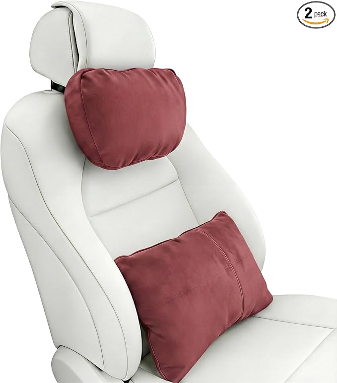 2PCS Car Pillow for Car Neck Pillow for Driving Seat Neck Support Soft Cushion Back Support Head-Rests for Vehicle Sleeping with Elastic Adjustment Strap (Red, Head and Lumbar)