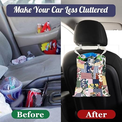 Floral Patch Print Car Trash Bag Hanging Garbage Bag with Snap Buttons Car-Back Seat Trash Storage Portable Dustbin for Men Women Car Interior Accessories Travel Camping