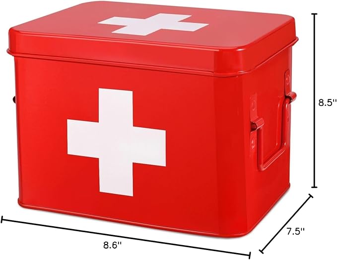 Flexzion First Aid Box Organizer, Empty 8.5 Inch Red Vintage First Aid Kit Tin Metal Medical Box First Aid Storage Box Container Bins with Dividers, Removable Tray and Cross Logo