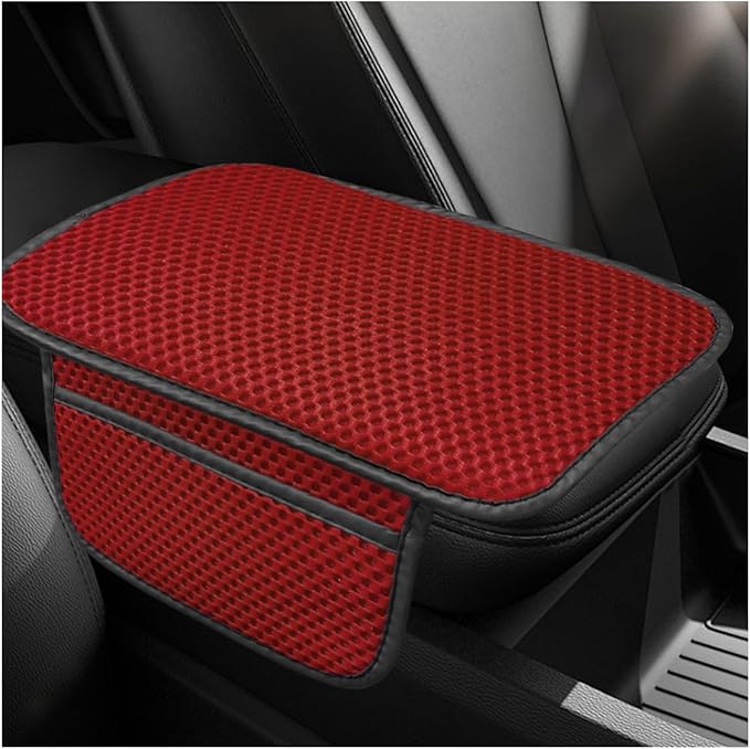 Car Center Console Cover, Cooling Auto Armrest Cushion Pad with 2 Storage Bags, Breathable Elbow Pillow Middle Console Protector, Universal Vehicle Interior Accessories (Red)