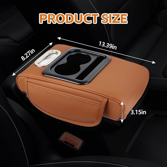 wuyaoyao Car Center Console Cover, 13.39"×8.27"×3.15" Leather Car Armrest Cover with Pocket & Tissue Box & Cup Holder, Multifunctional Auto Armrest Cushion Pad, Universal Car Accessories (Coffee)