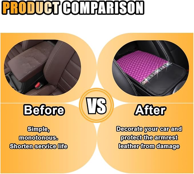 Bling Leather Car Armrest Seat Box Cover, Car Console Armrest Cover with Crystal Rhinestones, Anti-Scratch Waterproof Auto Center Console Protector Cushion Pad for Car SUV Truck (Purple)
