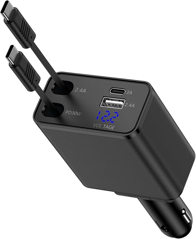 Retractable Type C Fast Car Charger,45W 4-Port USB C & USB A Car Phone Charger Adapter with 31.5 Inch Retractable USB C Cable for iPhone 17 Pro Max/16e/16 Samsung Galaxy A17/A16/A15/S25 Ultra Pixel 10