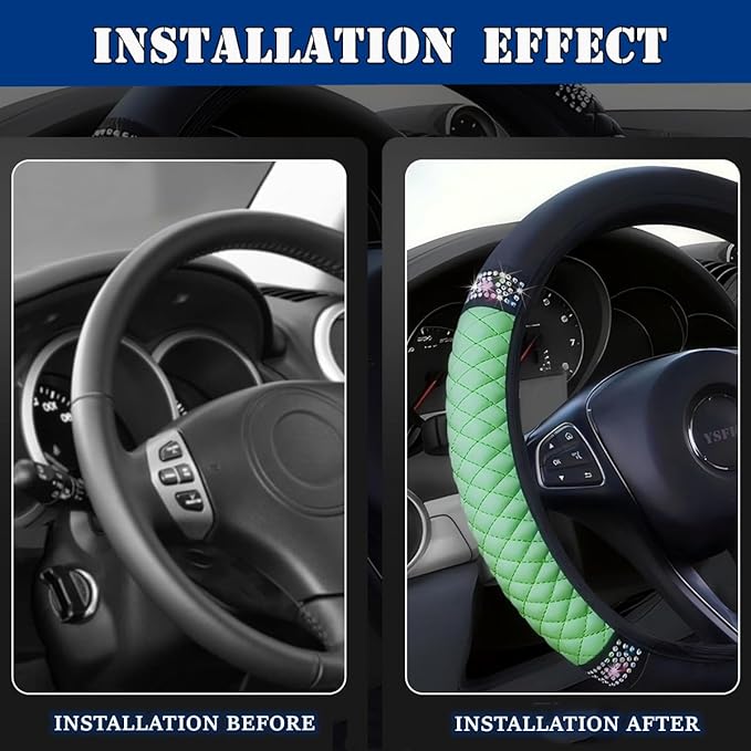 Soft Leather Car Steering Wheel Cover, Universal 15 Inch Colorful Rhinestones Anti-Slip Elastic Steering Wheel Covers for Most Cars, Sparkly Crystal Diamond for Women Girls (Green)
