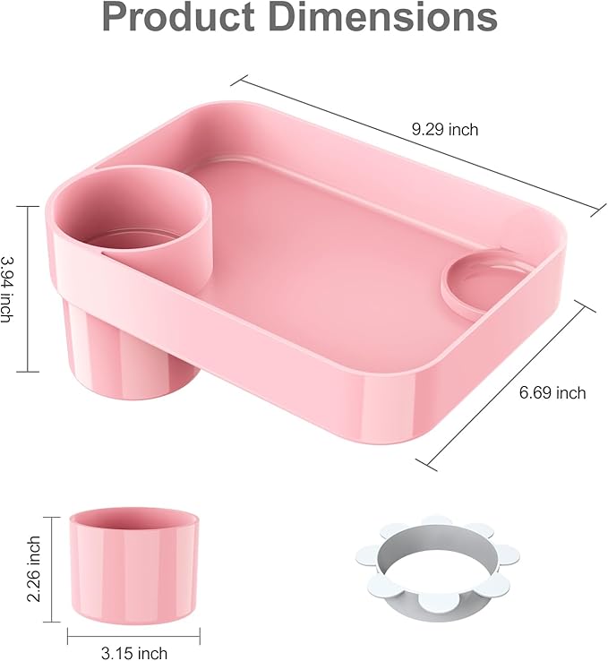 Car Seat Snack Tray for Toddlers - 3 Inch Cup Holder Fits Most Sippy Cups & Straw Bottles with Dip Well, Mess-Free Square Kids Travel Tray Road Trip Essentials, Pink
