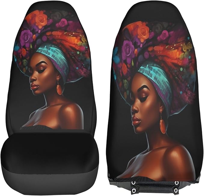 Delerain Car Seat Covers Set 2Pcs, Black African Women Glitter Universal Front Car Seats Vehicle Enterior Protector Suitable Fits Most Car Auto SUV Sedan Truck