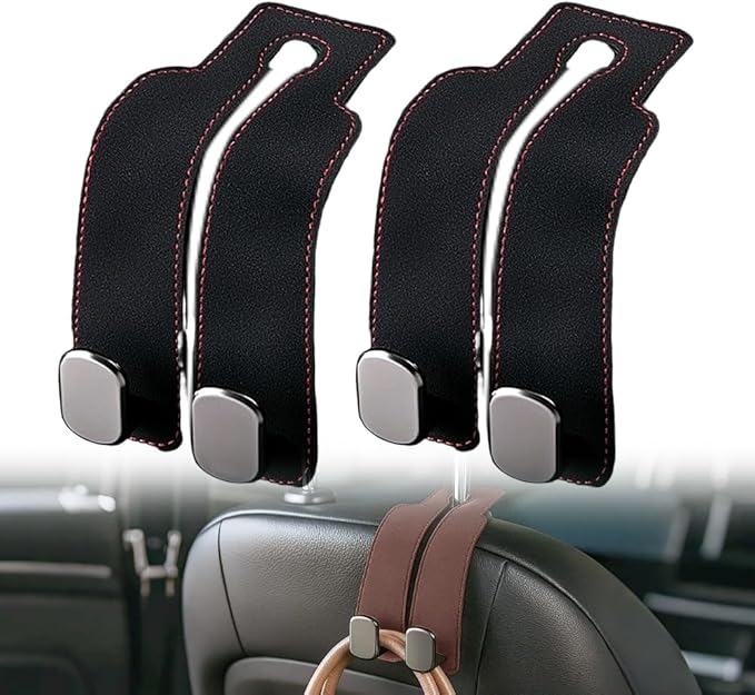 2026 New 2 in 1 Car Seat Back Storage Hook, Car Backseat Organizer Accessories, Premium Leather Headrest Hook for Auto Hooks Organizer for Handbag Purse Coat Bags (1, Black)