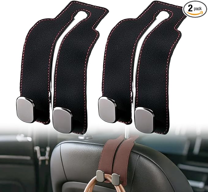 2026 New 2 in 1 Car Seat Back Storage Hook, Car Backseat Organizer Accessories, Premium Leather Headrest Hook for Auto Hooks Organizer for Handbag Purse Coat Bags (2, Black)