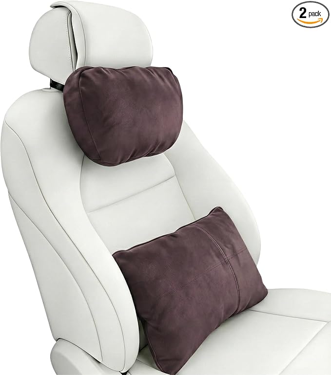 2PCS Car Pillow for Car Neck Pillow for Driving Seat Neck Support Soft Cushion Back Support Head-Rests for Vehicle Sleeping with Elastic Adjustment Strap (Coffee, Head and Lumbar)