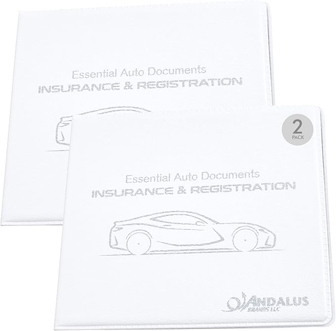 Andalus Auto Registration & Insurance Card Holder Pack of 2, Waterproof Essential Car Registration Holder with Hook & Loop Closure, Perfect for Every Vehicles Glove Boxes (White - 5 1/8" x 4 5/8")