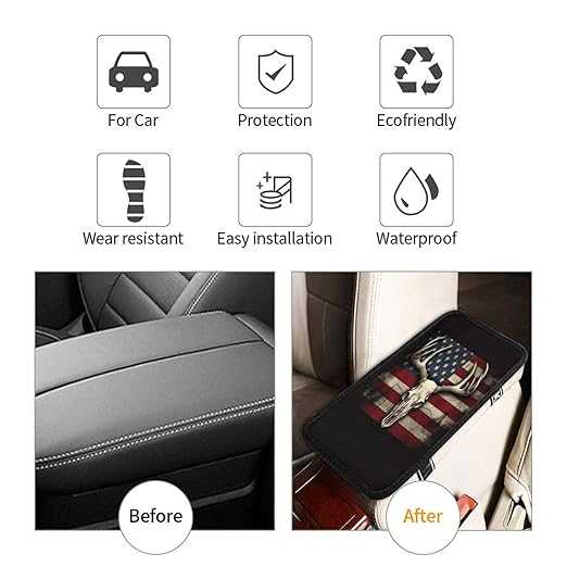 American Flag with A Deer Skull Car Auto Armrest Cushion Cover Accessories Center Console Seat Box Pad Protector Universal Decoration for Most Vehicle SUV Truck