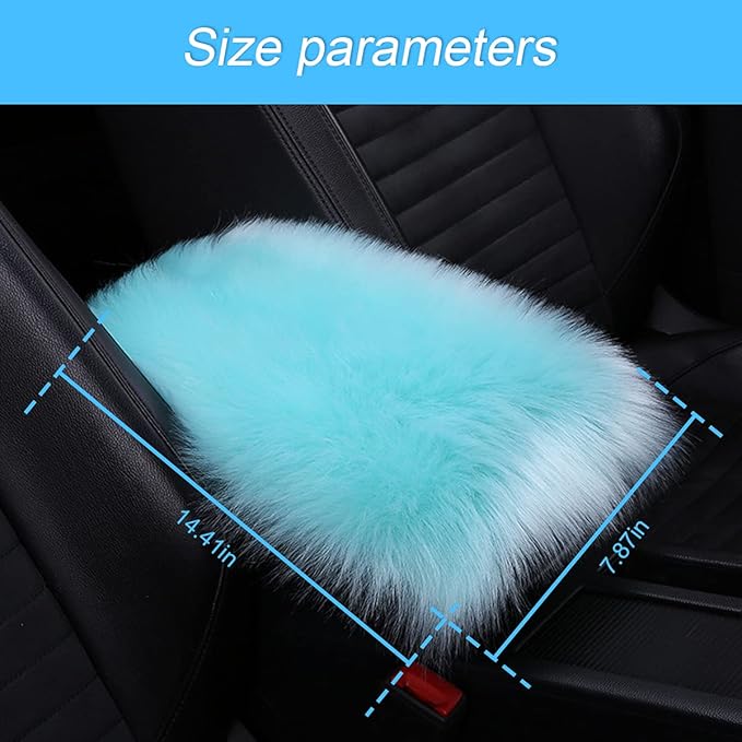 Center Console Cushion Pad/Cover, 11.4"x7.4" Furry Armrest Cover for Cars, Vehicles, SUVs, Premium Sheepskin Wool, Car Interior Accessories for Women(Blue)