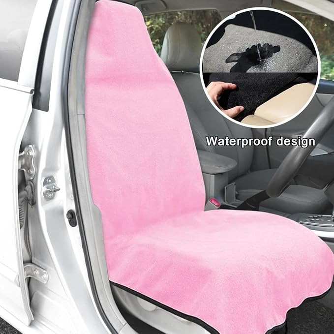 2PCS Car Towel Seat Cover, Waterproof Sweating Non-Slip Premium Soft Towel Carseat Protector, Universal Machine Washable Car Truck SUV Front Seat Cover for Gym Workout Beach Hiking (Pink)