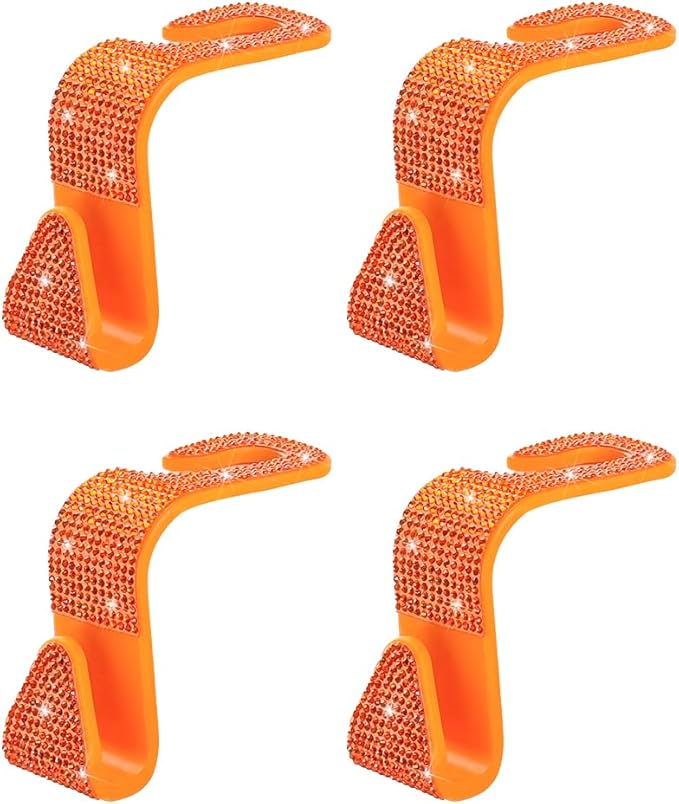 4PCS Bling Car Seat Headrest Hooks, Crystal Rhinestone Vehicle Back Seat Hanger Holder, Auto Interior Headrest Hanging Storage Organizer for Purse Handbag Coat, Universal Fit (Orange)