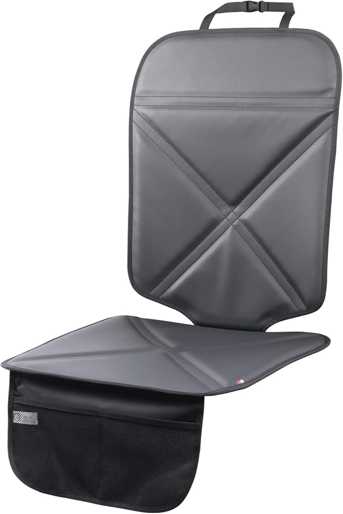 Car Seat Protector Leather Waterproof Child Safety Seat Protector Cover with Thick Pad and 2 Large Pockets Durable Kick Mat for All Auto Seat (Black)