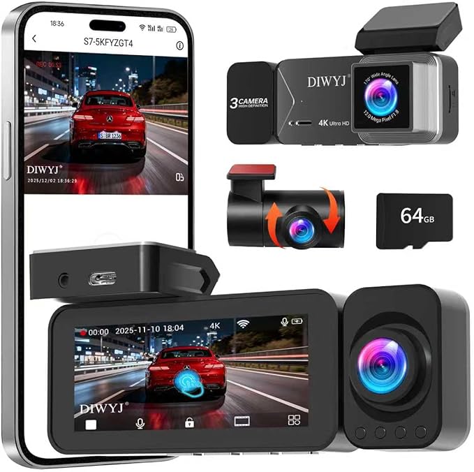 Dash Cam Front and Rear, 4K+2.5K+1080P with 170° Fisheye Lens, Full HD Dash Camera for Cars, 5GHz WiFi, IR Night Vision, WDR, 64GB Card Included, 24/7 Parking Mode, G-Sensor & Loop Recording（D7）