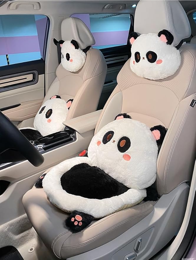 Cartoon Car Seat Cushion Lumbar Support Pillow and Neck Pillow, Cute Car Seat Pillow Headrest Pillow Back Support for Driving Fatigue Relief,for Office Chair Truck SUV (Panda Headrest)