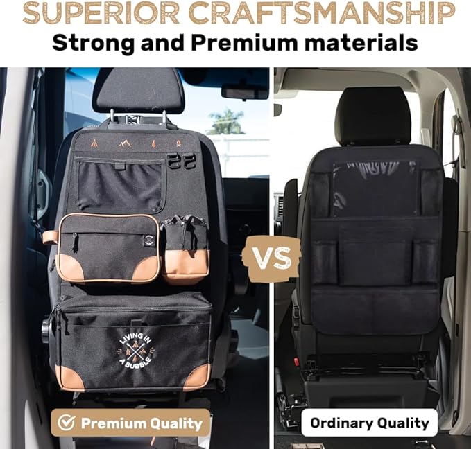 Living in a Bubble Seat back Organizer – Magnetic Toiletry and Cooler Pouch, Cordura Car Backseat Storage with Device Holder & Hooks, Multi-Compartment Utility Bag for Campervans & Family Travel
