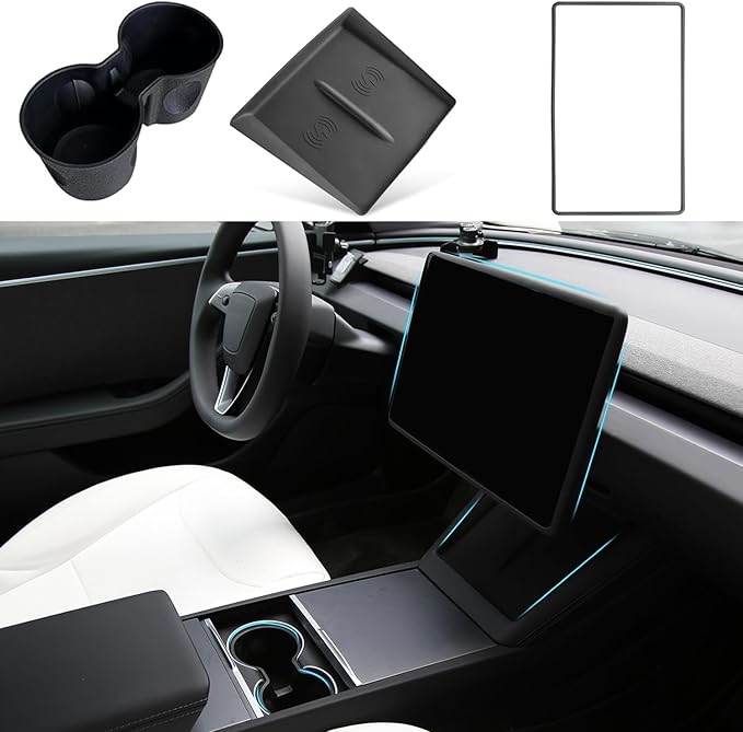 TOPABYTE 3PCS Center Console Accessories for Tesla New Model Y Juniper 2026 2025 Model 3 Highland 2024 Cup Holder Insert, Screen Edge Protector Frame, Wireless Charger Mat Silicone, Black