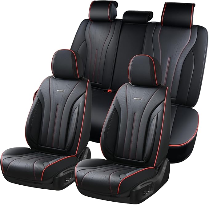 Coverado Car Seat Covers Full Set, Leather Seat Covers for Car, Waterproof Seat Covers, Automotive Seat Cushions, Breathable Car Seat Protector Universal for Most Sedans, Trucks, SUV (Black &Red Line)