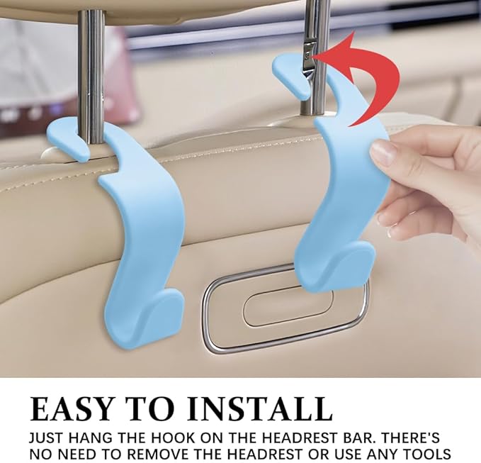 4PCS Car Seat Headrest Hooks, Purse Hook for Car, Auto Back Seat Organizer Storage Hanger Holder, Auto Accessories Multi-Use Portable Headrest Organizer Holder for Purse Handbag Coats (Blue)