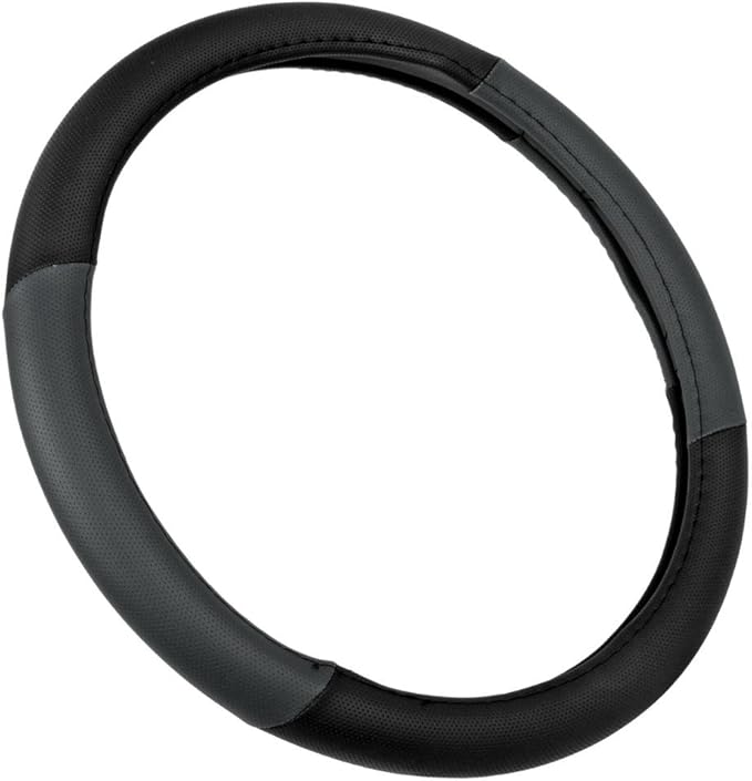 BDK Sporty Two Tone Ergonomic Grip Steering Wheel Cover - Plush Leather Grip for Standard Size Wheels 14.5-15 inch Gray/Black