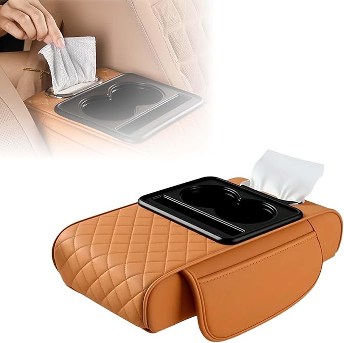 Multifunctional Car Armrest Cushion with Integrated Booster, 2026 Upgraded Universal Style Memory Cotton Car Armrest Box Pad, Car Center Console Armrest Pillow, with 2 Cup Holder (Orange)