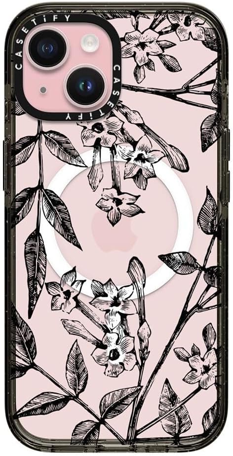 CASETiFY Impact Case for iPhone 15 [8.2ft 4X Military Grade Drop Protection/Compatible with Magsafe] - Botanical Jasmine - Clear Black