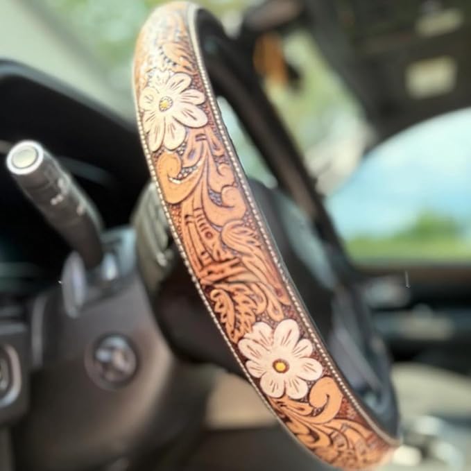 Western Steering Wheel Cover,Retro Western Cowboy Car Universal Steering Wheel Cover,Embossed Hand-Painted Leather Western Car Accessories, for Women Man, Anti-Slip Design Easy to Install (E)