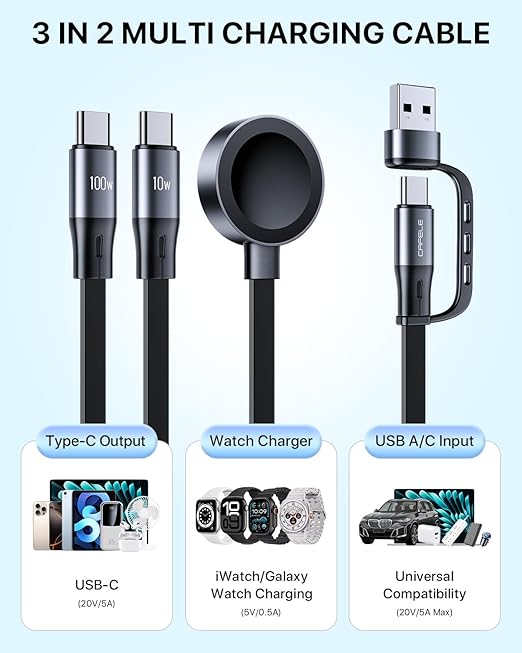 CAFELE 100W Retractable USB-C to USB-C 5A Fast Charging 3-in-1 Cable, Features Magnetic Charging and Overheating Protection, 4.3-Foot USB Type-C for Phone, Notebook, Pad, Watch（Gray）