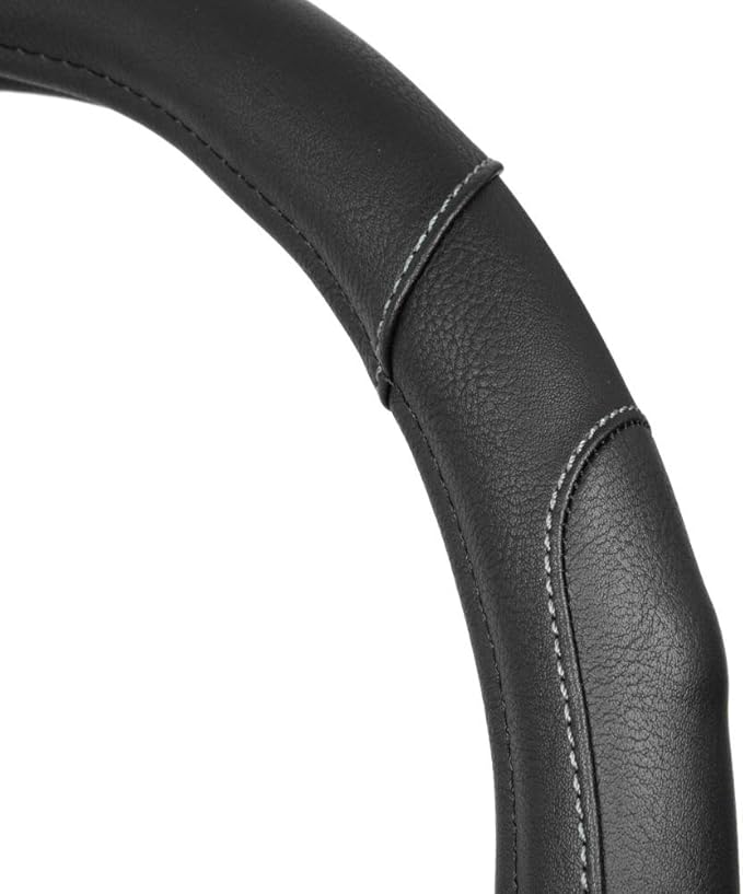 Motor Trend GripDrive Faux Black Leather Steering Wheel Cover for Car Truck Van SUV, Small 14 inch Size, Gray Accent Stitched Car Steering Wheel Cover Vehicle & Auto Accessories (Pack of 2)