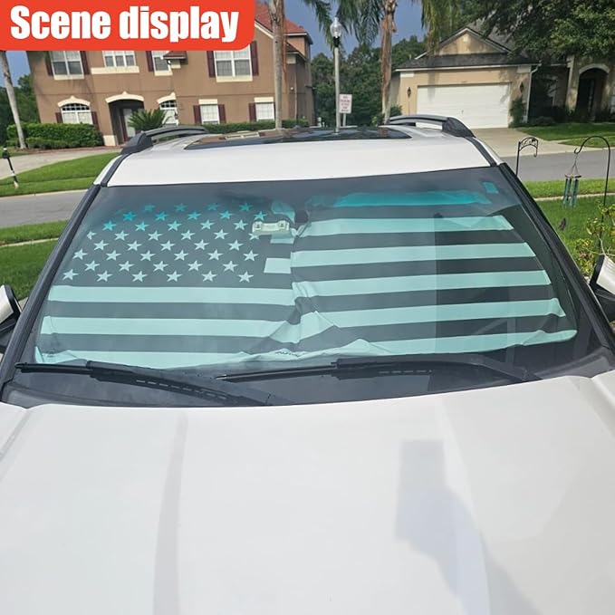 American Flag Car Windshield Sun Shade, Foldable Car Front Window Sunshade for Cars SUV Truck, Auto Interior Sun Protection Cover, Blocks UV Rays & Keeps Your Vehicle Cool (Black, XL)