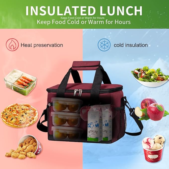 iknoe Insulated Lunch Bag, Foldable 8.5L Cooler Bag for Men & Women, Leakproof Thermal Design, Great for Office, Picnic, Travel, Lunch Box, Red