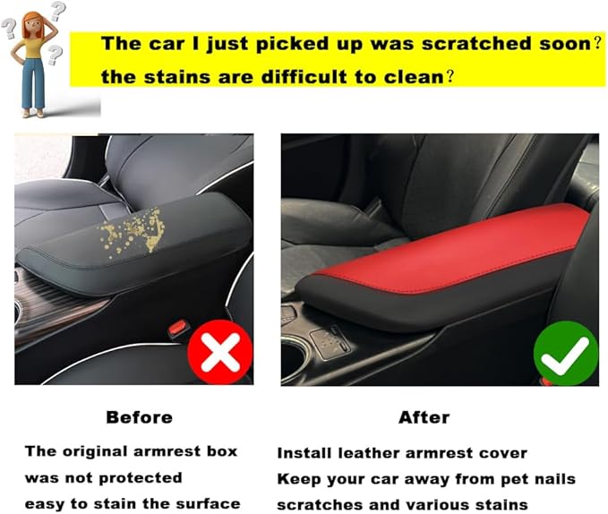 Blazeray Car Center Console Armrest Cover for Toyota Camry 2018-2023 Interior Accessories Leather Anti-Scratch Elbow Arm Rest Cover Cushion Pad Protector Saver (Black with Red Leather)