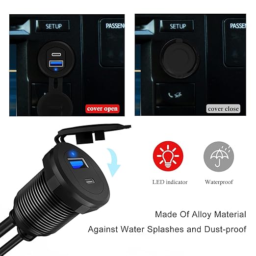 Type C 3.1 & USB 3.0 Car USB Port Mount Flush Cable Male to Female, Dashboard Panel Extension Cable for Car Boat Motorcycle with LED Indicator (3 feet)