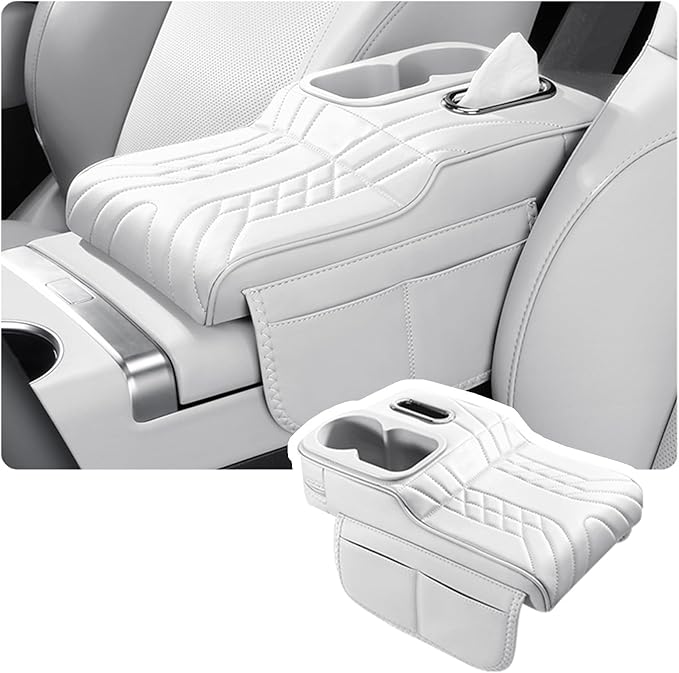 Car Armrest Storage Box for Infiniti QX60 2013–2025 2020 2021 2022 2023 2024, Sport-Style Center Console Organizer with Side Pocket, PU Leather Armrest Cushion, Elbow Support Pad,B White
