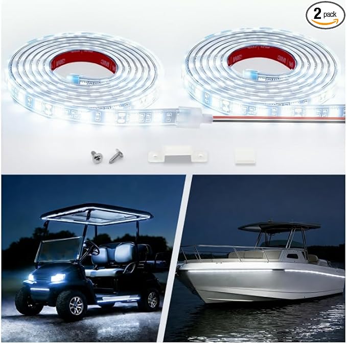 12V Marine Boat LED Light Strip Super Bright, 2 Pack 4FT IP68 Fully Waterproof RV Front Cap Lights, Golf Cart Underglow Roof Lights Strip for Truck ATV UTV SUV Car Pickup Trailer, Cuttable, White