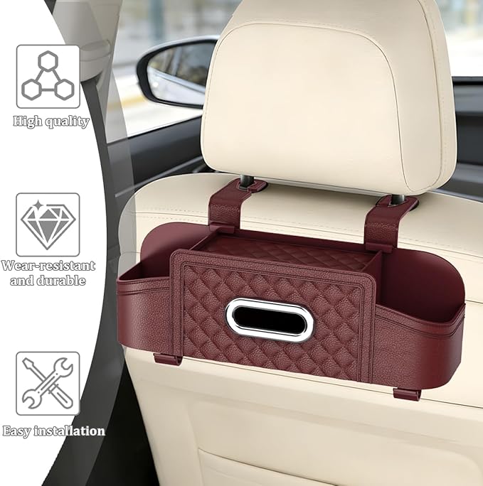 Car Backseat Organizer, 4-in-1 Multifunctional Vehicle Seat Back Tissue Box with Cup Holder & Hook, Auto Backseat Hanging Storage Box for Bag Phone Drink, Universal for Vehicles (Wine Red)