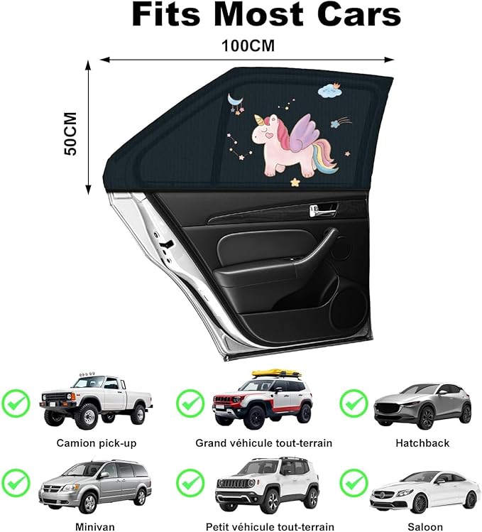 Car Window Shades for Baby, 2 Pack Car Sun Shades with UV Protection, Universal Fit Stretchable Side Window Sunscreen Sun Shades with Unicorn Motifs, Rear Window Shades for Kids