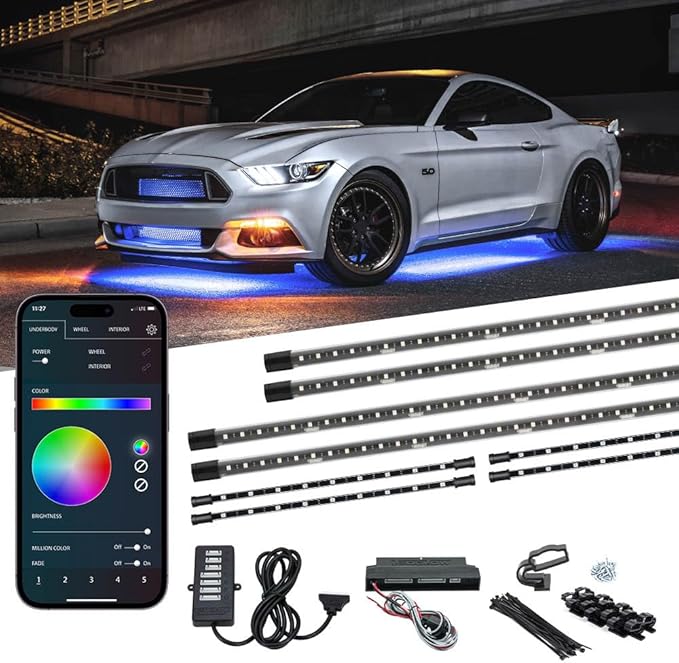 LEDGlow 4pc Bluetooth Million Color LED Underbody Underglow & 4pc Interior Footwell Accent Lighting Kit for Cars - Smartphone App - Courtesy Lights - Create Any Color - Control Box