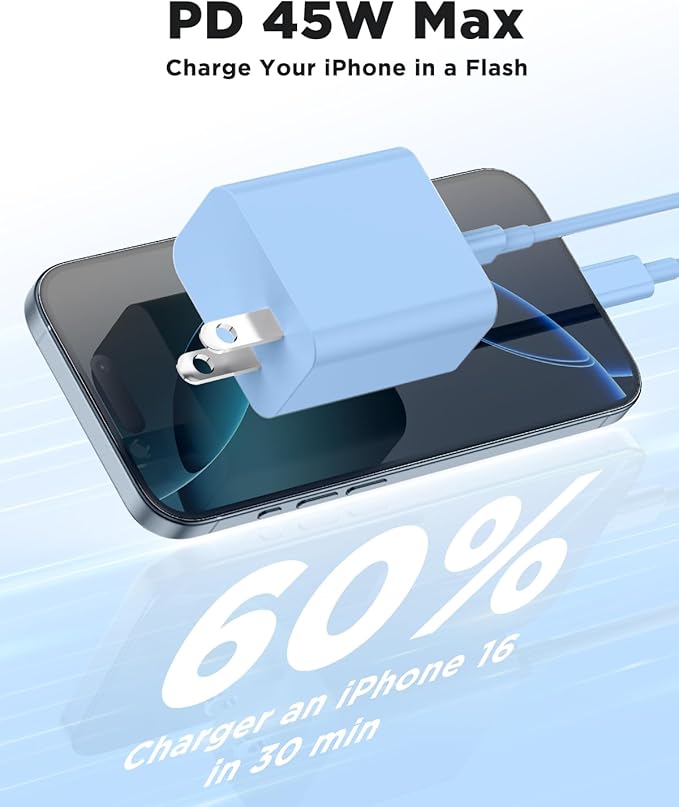 45W iPhone 17 16 15 Pro Max Charger Fast Charging 6FT/10 FT/10FT, Super Fast USB C Charger Block with Extra Long Type C Charging Cable,PD Quick Adapter 3.0 for iPhone 16 15/16e 15Pro/16 15 Plus-Blue